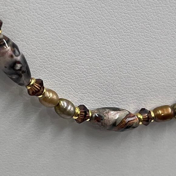 Michal Golan Agate Brown Gray Neutral Single Strand Pearl Crystal Brass necklace - Picture 2 of 16